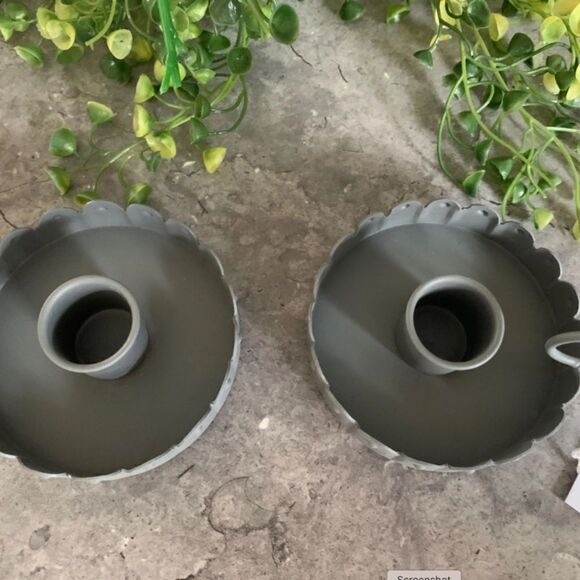 Farmhouse Gray Fluted Metal Taper Candle Holder Set of Two Country Cottagecore - Picture 3 of 4